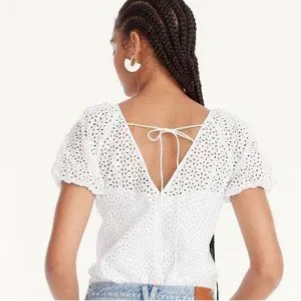 J. Crew V-Back Puff-Sleeve Eyelet Top - White - Size 14 Womens EUC - Picture 2 of 15